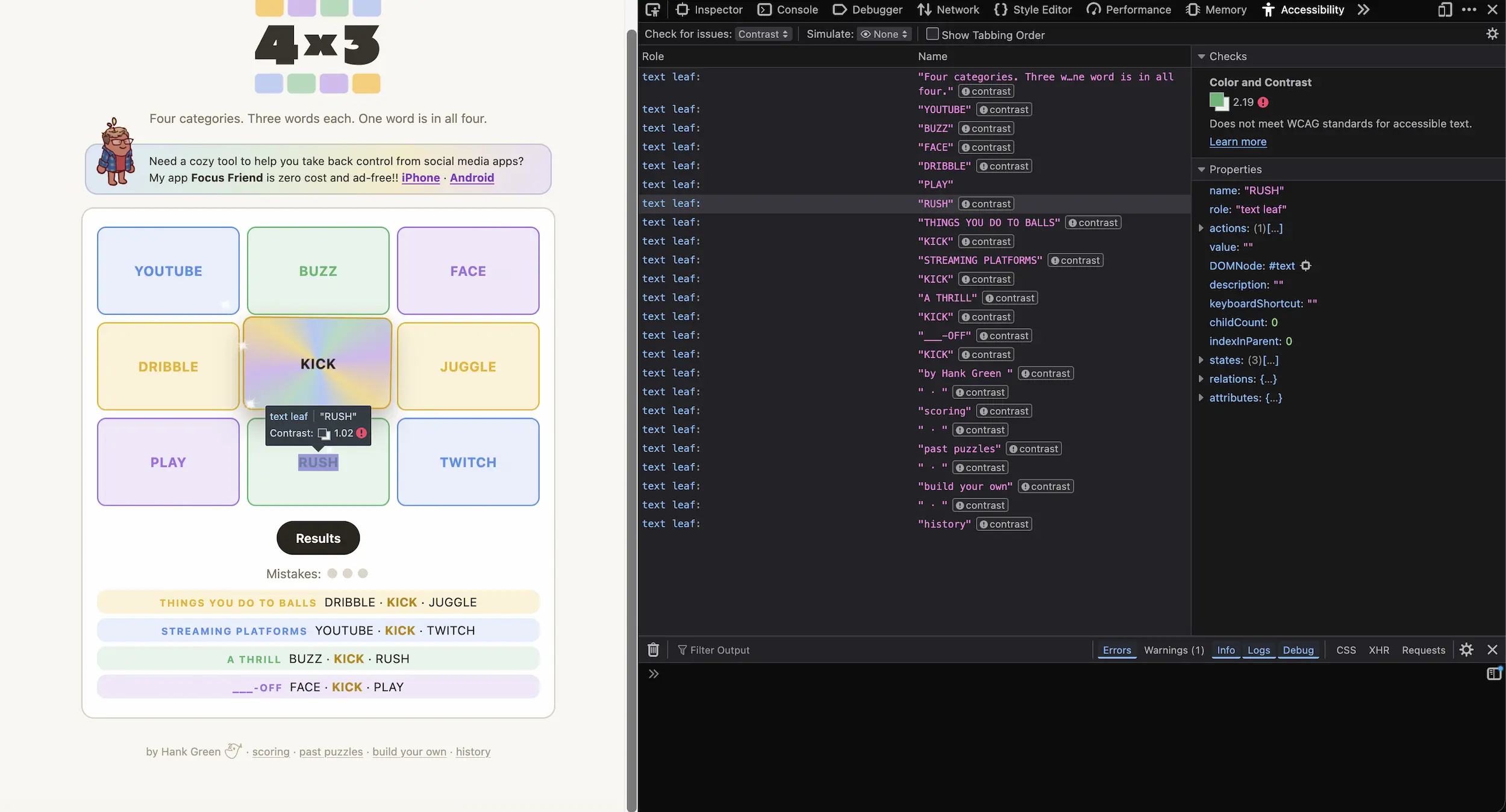 Screenshot of Firefox accessibility dev tools