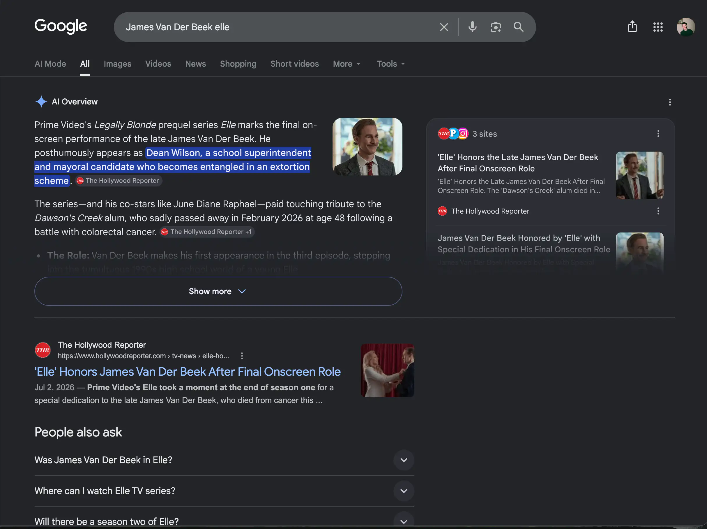 Screenshot of google search results featuring massive spoilers